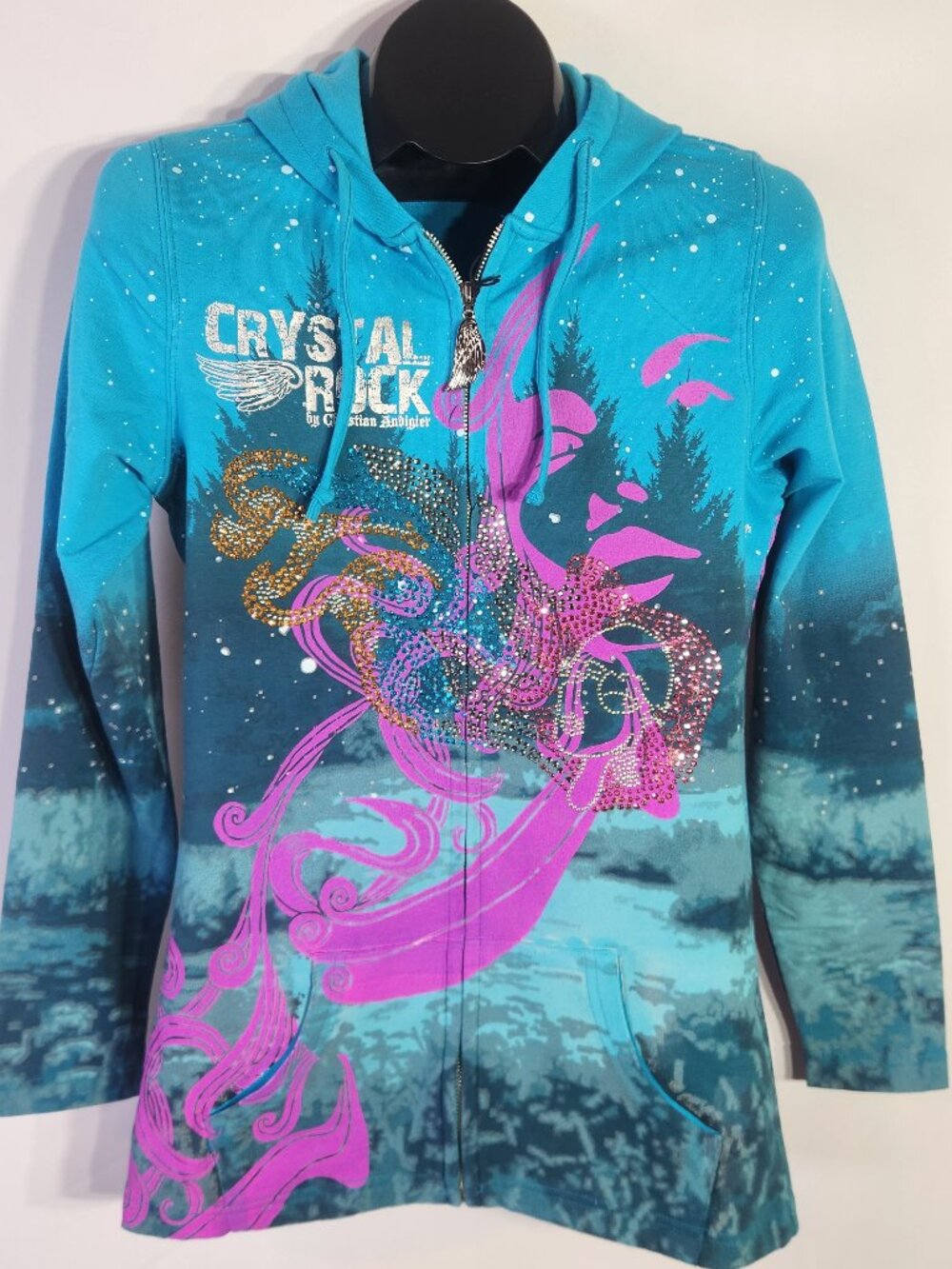 Christian Audigier Crystal Rock Y2K Turquoise Crown Zip Hoodie – Size M